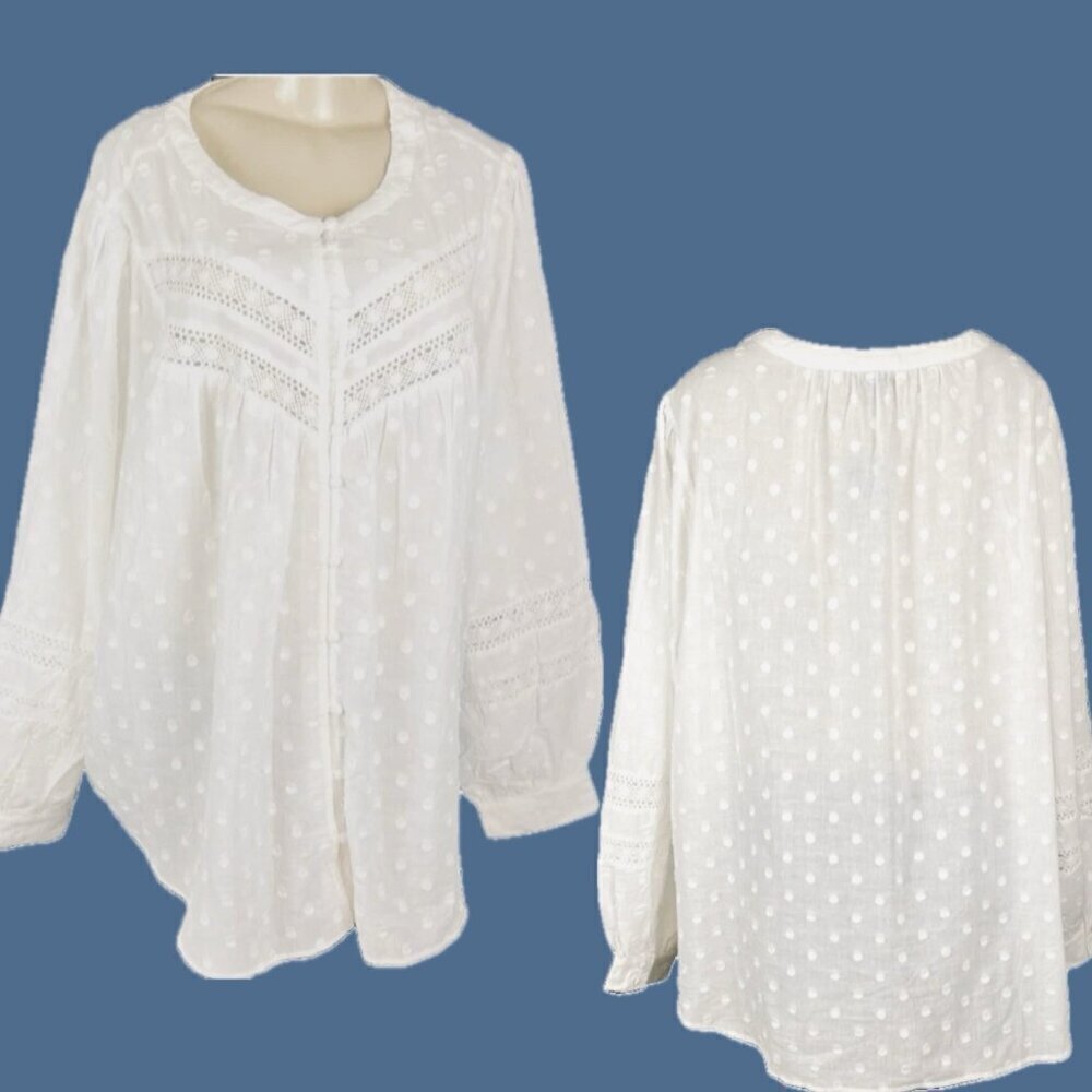 Torrid +5 Off- White Button Down Swiss Dot Lace Accent Cotton Long Sleeve Blouse